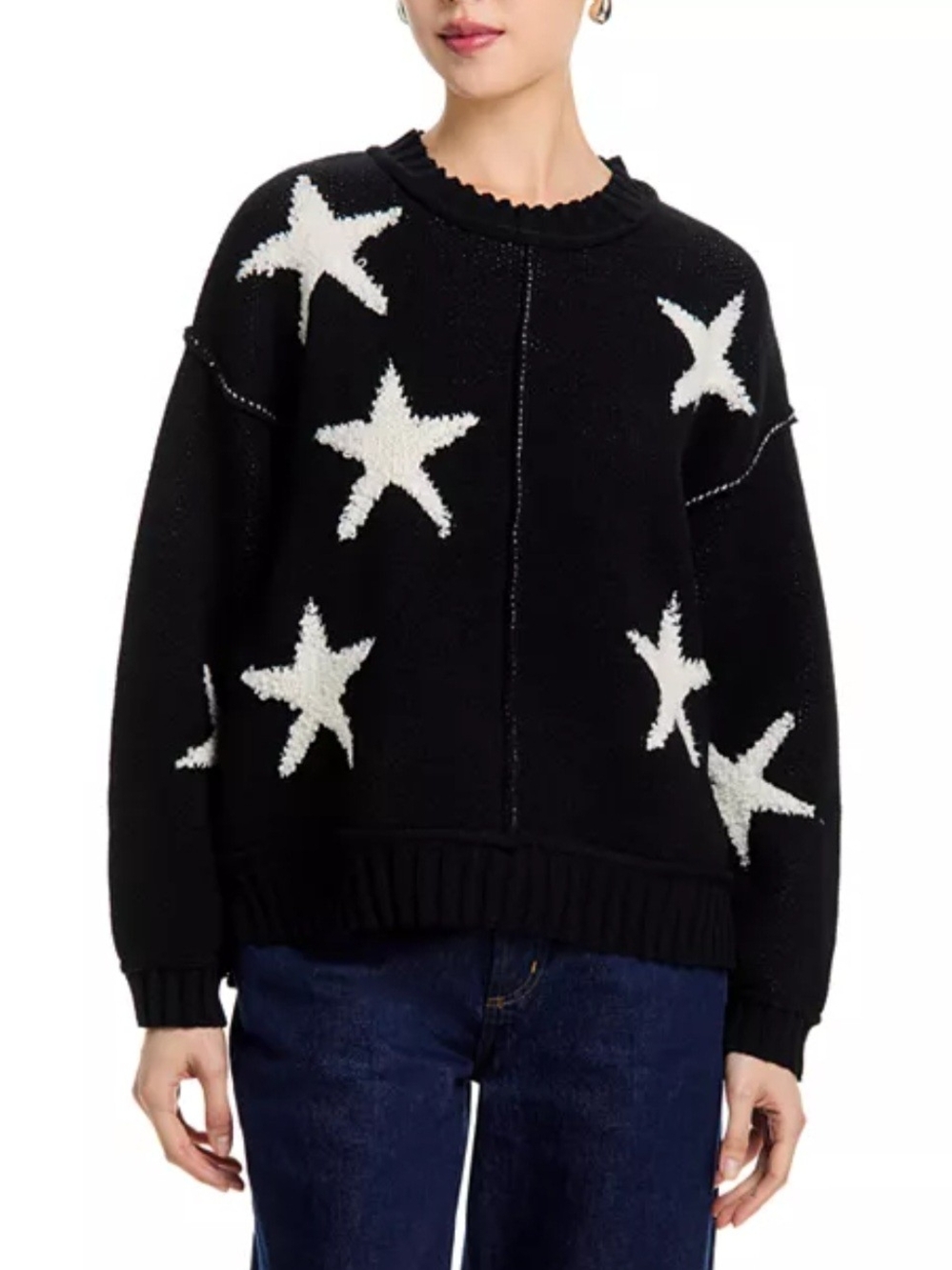 Vintage Havana Black Crewneck Sweater with White Star Motif
